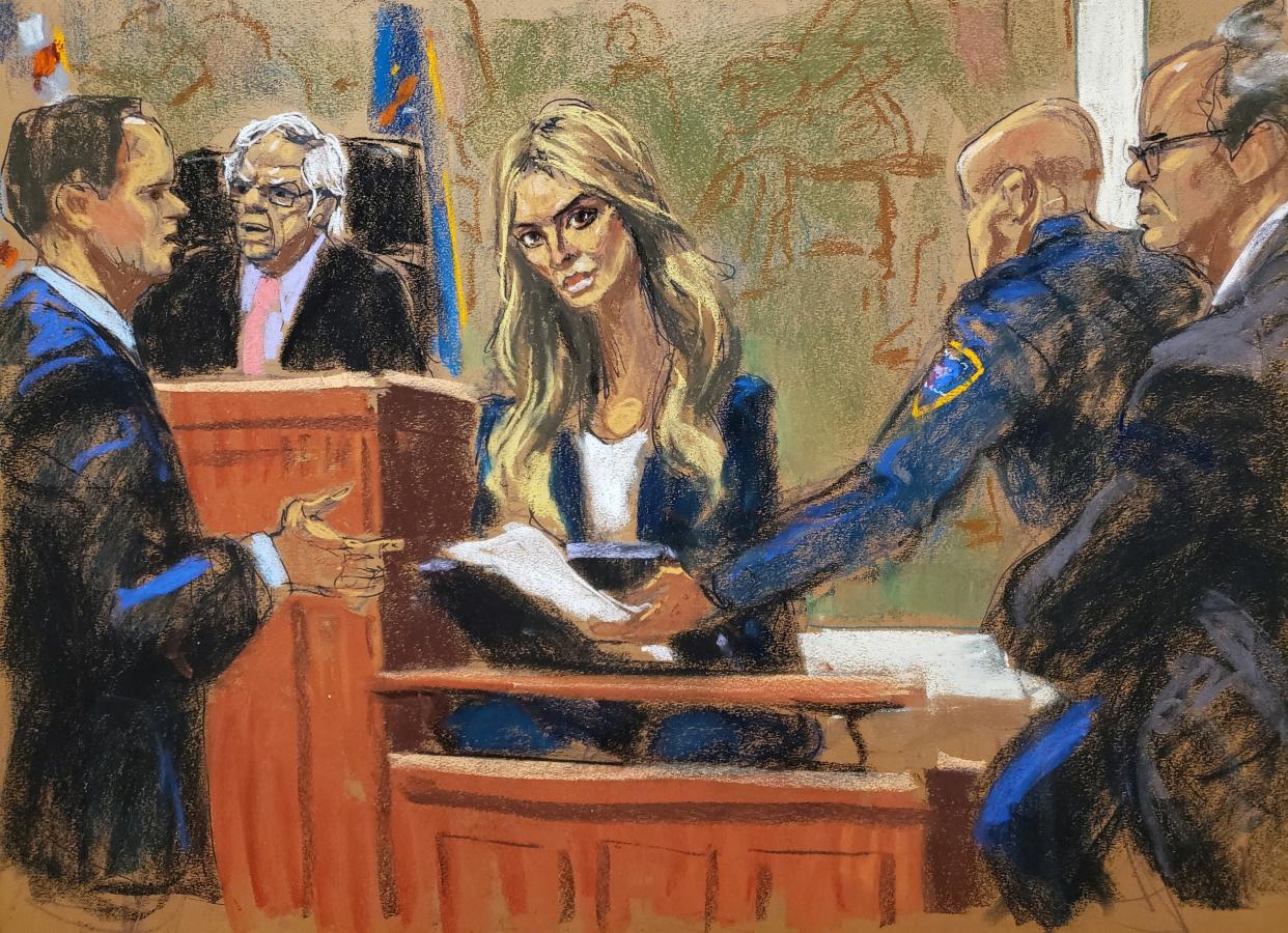 Ivanka Trump is shown multiple exhibits on the witness stand by Louis Solomon of the New York attorney general’s office as defence lawyer Christopher Kise objects during the Trump Organization civil fraud trial (REUTERS)