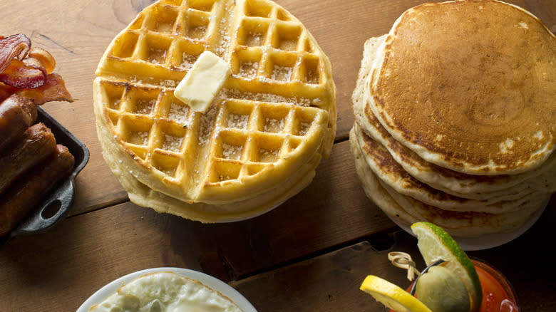 Pancake and waffle breakfast spread