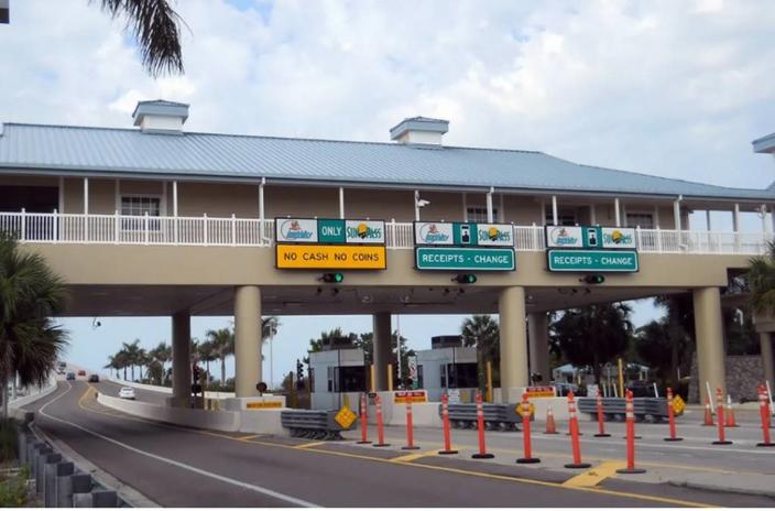 The Sanibel Causeway toll plaza before Hurricane Ian.