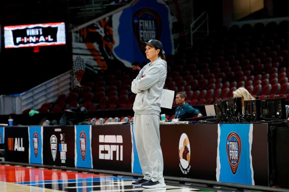 University of South Carolina Associate Coach Lisa Boyer watches as the Gamecocks practice in the Rocket Mortgage Field House in Cleveland, Ohio on Thursday, April 4, 2024.