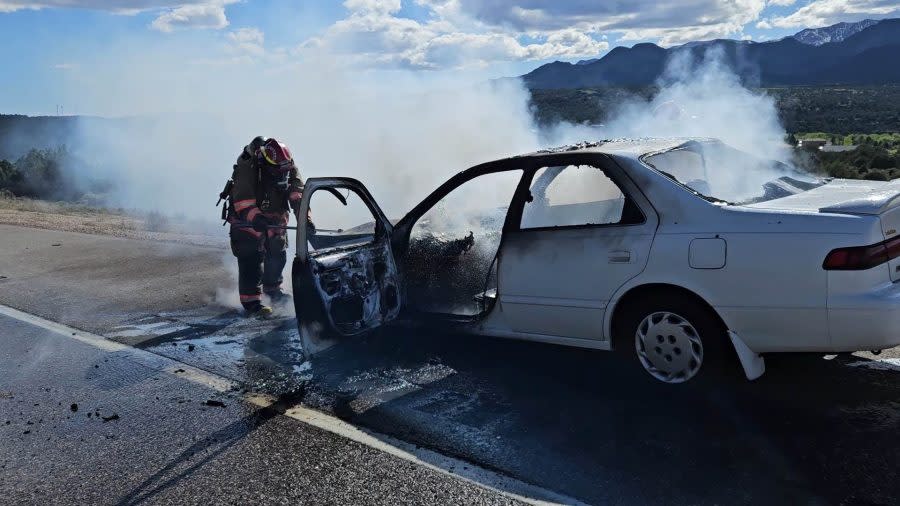 Fire officials responded to a vehicle fire on I-15 in southern Utah on April 28, 2024. The fire was extinguished within about 10 minutes, but caused road closures and traffic delays. (Courtesy: New Harmony Fire Department)