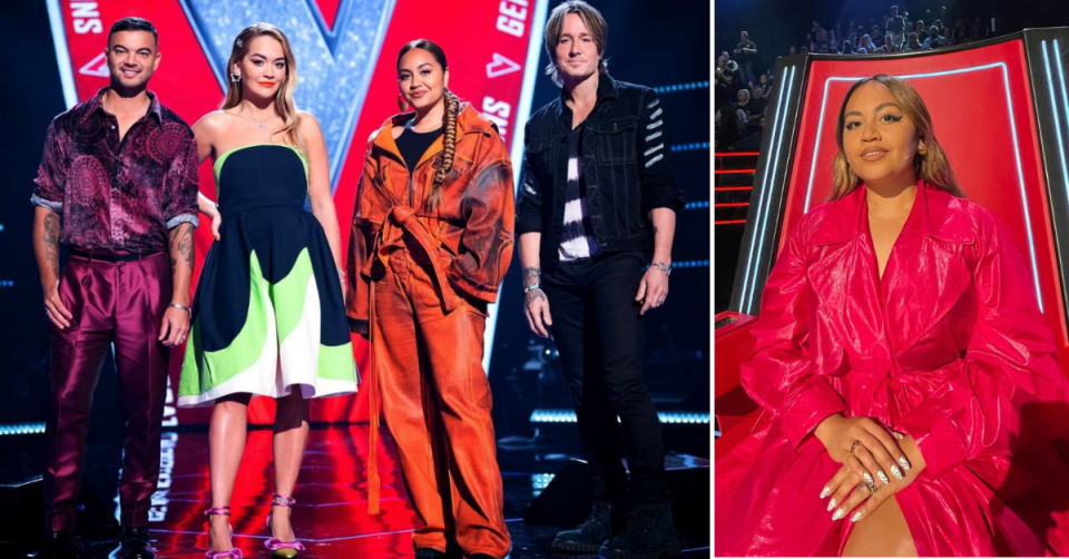 The Voice coaches Guy Sebastian, Rita Ora, Jessica Mauboy and Keith Urban stand on the set. At right, Jessica sits in a red shiny coat on the set.