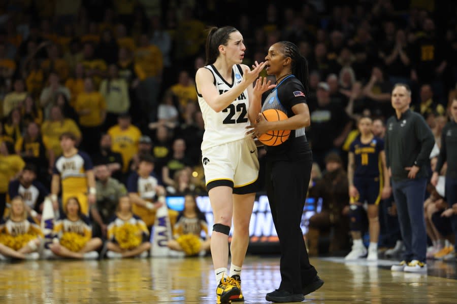 IOWA CITY, IOWA – MARCH 25: Caitlin Clark #22 of the Iowa Hawkeyes appeals to a call with a game official against West Virginia Mountaneers during the second round of the 2024 NCAA Women’s Basketball Tournament held at Carver-Hawkeye Arena on March 25, 2024 in Iowa City, Iowa. (Photo by Rebecca Gratz/NCAA Photos via Getty Images)