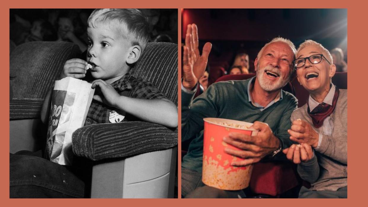 a young boy eats a bag of popcorn while attending a Saturday matinee at the movie theater. and Happy senior couple having a snack at cinema