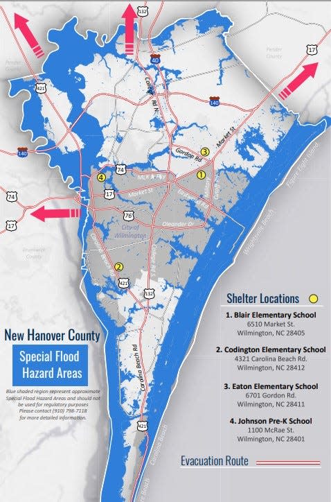 A map showing evacuation routes throughout New Hanover County.