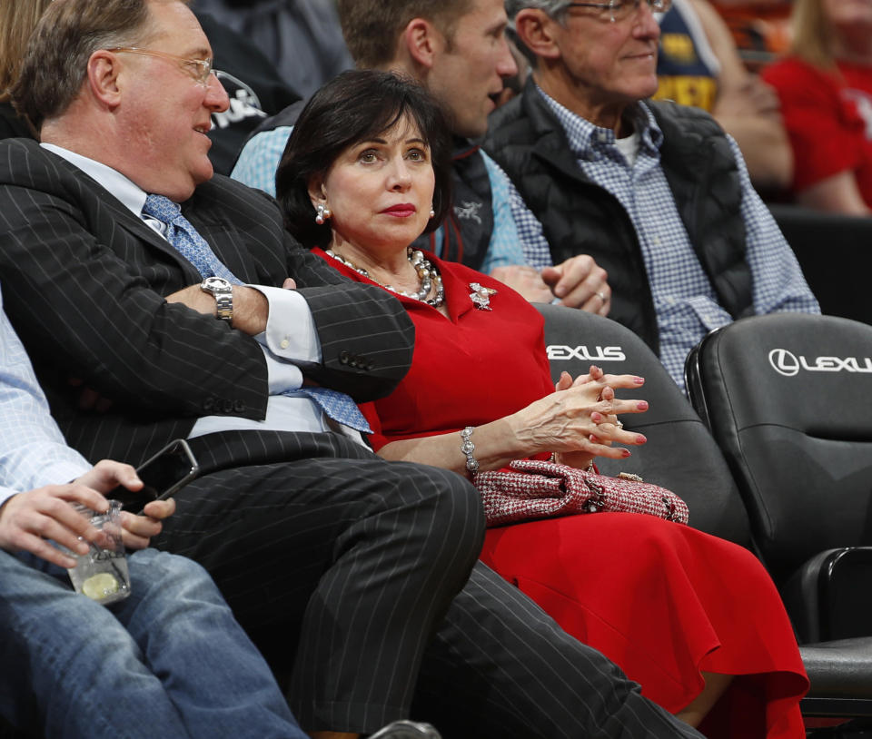 New Orleans Pelicans principal owner Gayle Benson in the second half of an NBA basketball game Monday, Oct. 29, 2018, in Denver. The Nuggets won 116-111. (AP Photo/David Zalubowski)