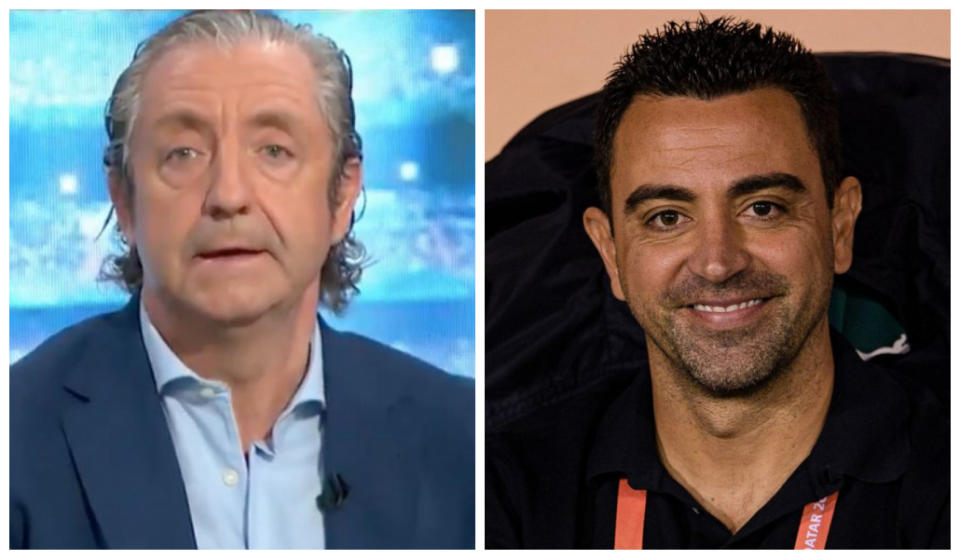 Josep Pedrerol en 'El chiringuito de jugones': Xavi Hernández dirigiendo un partido del Al-Sadd. (Fuentes: Twitter/@elchiringuitotv; Eurasia Sport Images/Getty Images)