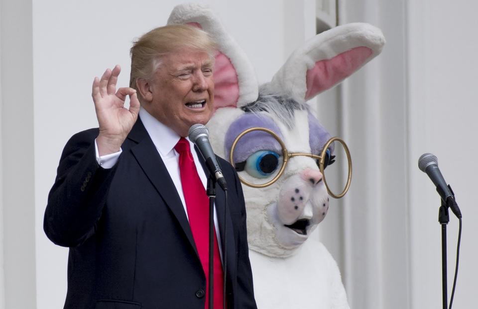 President Donald Trump speaks alongside the Easter Bunny during the 139th White House Easter Egg Roll on the South Lawn of the White House in Washington, D.C., April 17, 2017.