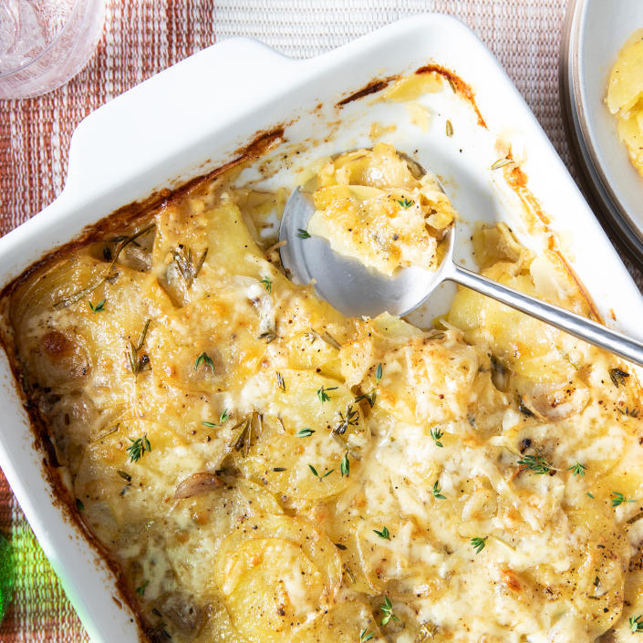 <p>The potatoes are perfectly tender in this easy Gruyère potato casserole. The cheese gets brown and crispy on the top and sides and the herbs add a nice accent to this savory dish. <a href="https://www.eatingwell.com/recipe/7914083/gruyere-potato-casserole/" rel="nofollow noopener" target="_blank" data-ylk="slk:View Recipe" class="link ">View Recipe</a></p>