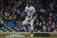 Houston Astros' Jake Meyers reacts to getting hit by a pitch from Chicago Cubs' Adbert Alzolay during the sixth inning of a baseball game Wednesday, April 24, 2024, in Chicago. (AP Photo/Erin Hooley)