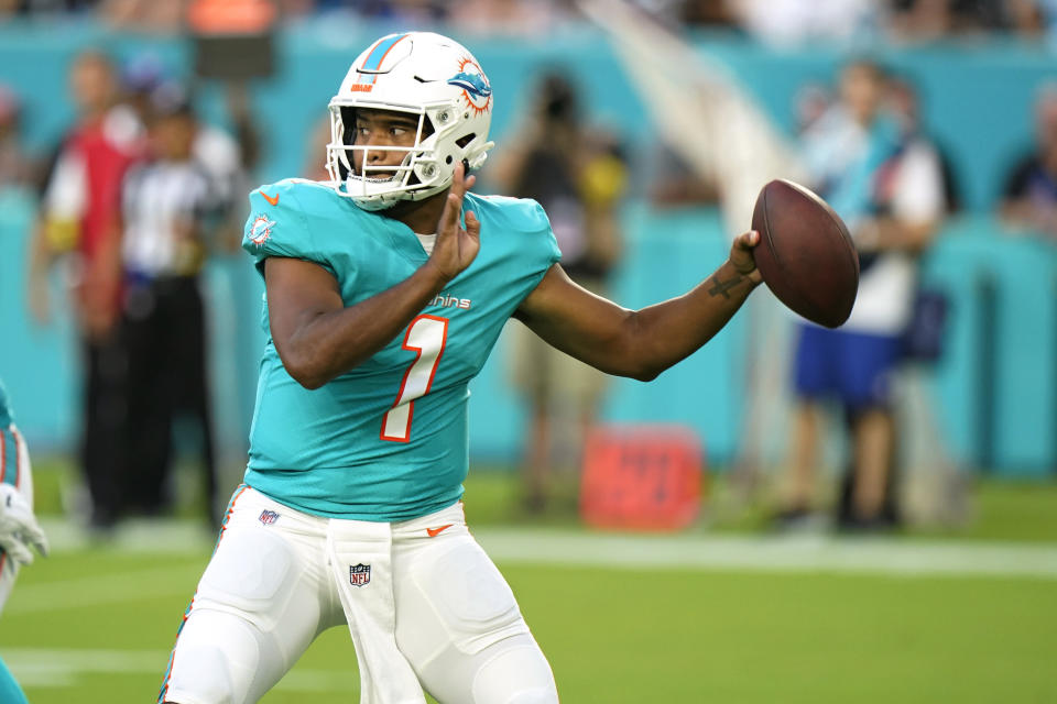 Miami Dolphins quarterback Tua Tagovailoa (1) aims a pass during the first half of a NFL preseason football game against the Las Vegas Raiders, Saturday, August 20, 2022, in Miami Gardens, Fla. (AP Photo/Wilfredo Lee)