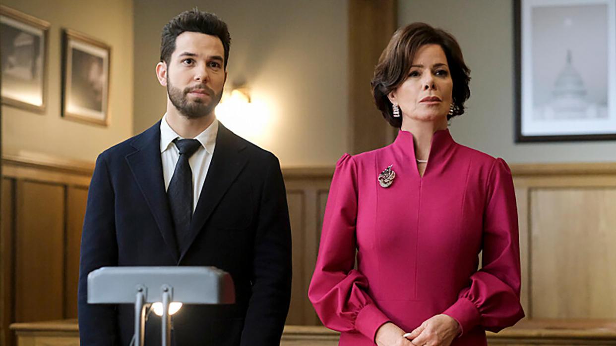  Marcia Gay Harden and Skylar Astin wear suits in court in So Help Me Todd Season 2. 