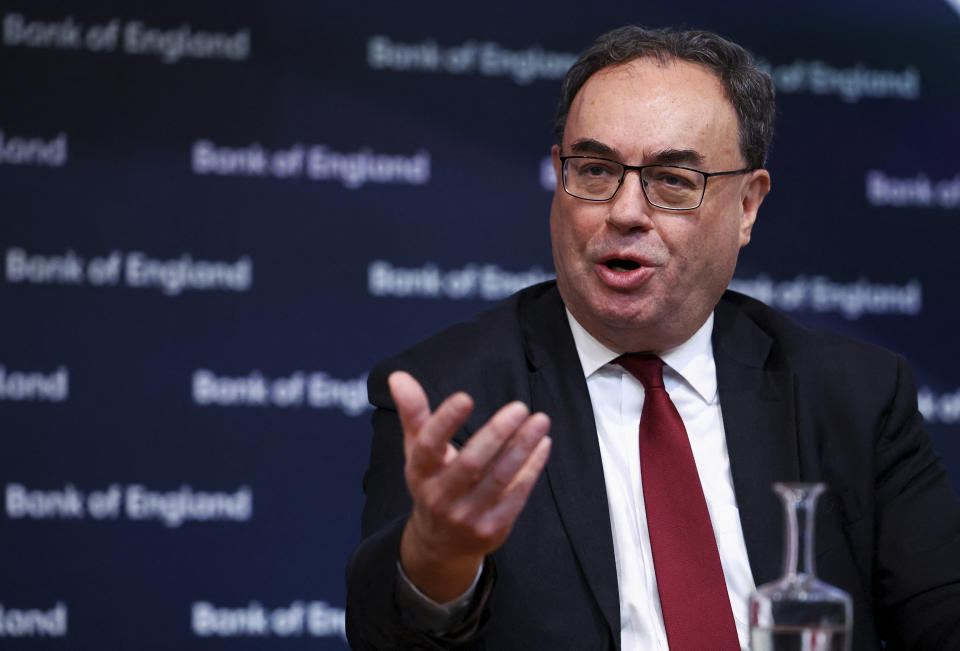 Governor of the Bank of England, Andrew Bailey attends the biannual Financial Stability Report press conference, at the Bank of England in London, Wednesday Dec. 6, 2023. (Hannah McKay/Pool via AP)