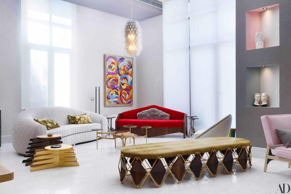 El Mays's living room showcases his varied design experiments.