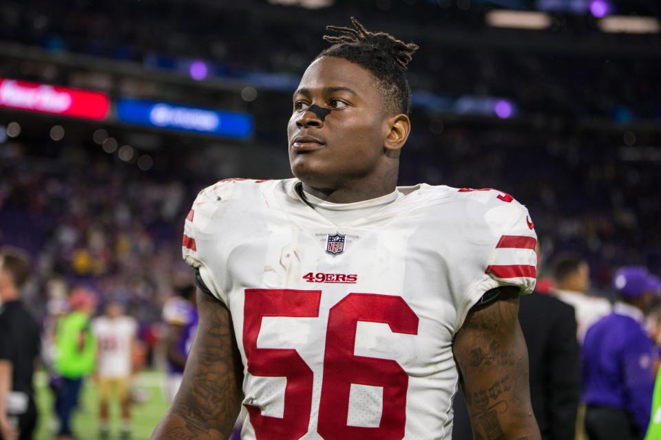 San Francisco 49ers linebacker Reuben Foster looks on following a 2018 game at the Minnesota Vikings.