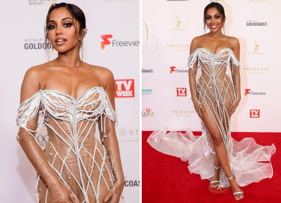 Left: Maria Thattil poses on The Logies red carpet, showing her dress. Right: A full length shot of Maria Thattil's 'naked' dress, she's smiling