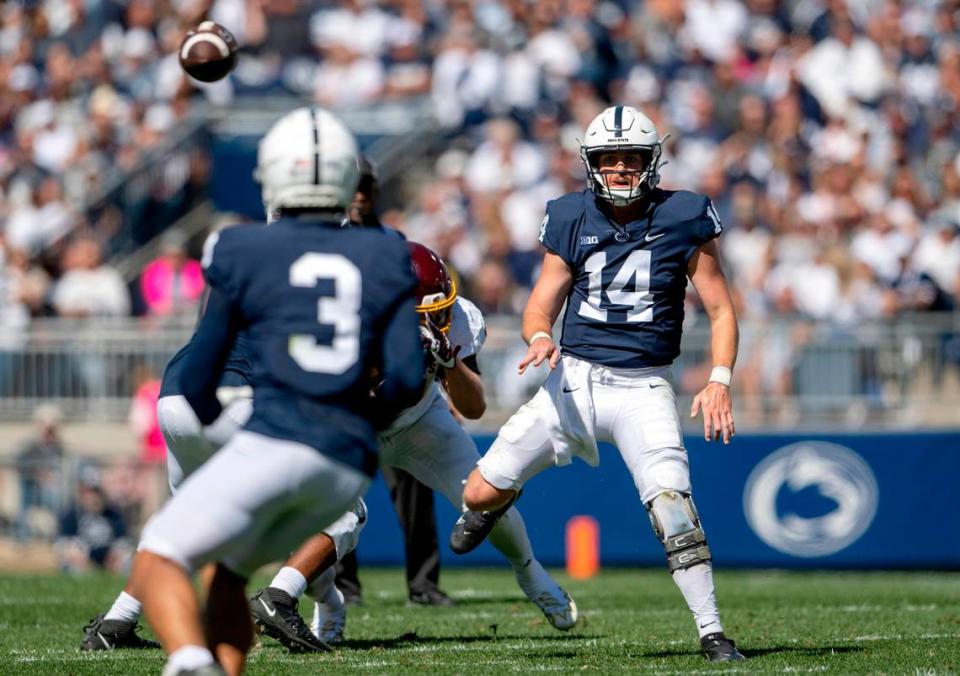 Penn State quarterback Sean Clifford make a pass to Parker Washington during the game against Central Michigan on Saturday, Sept. 24, 2022.