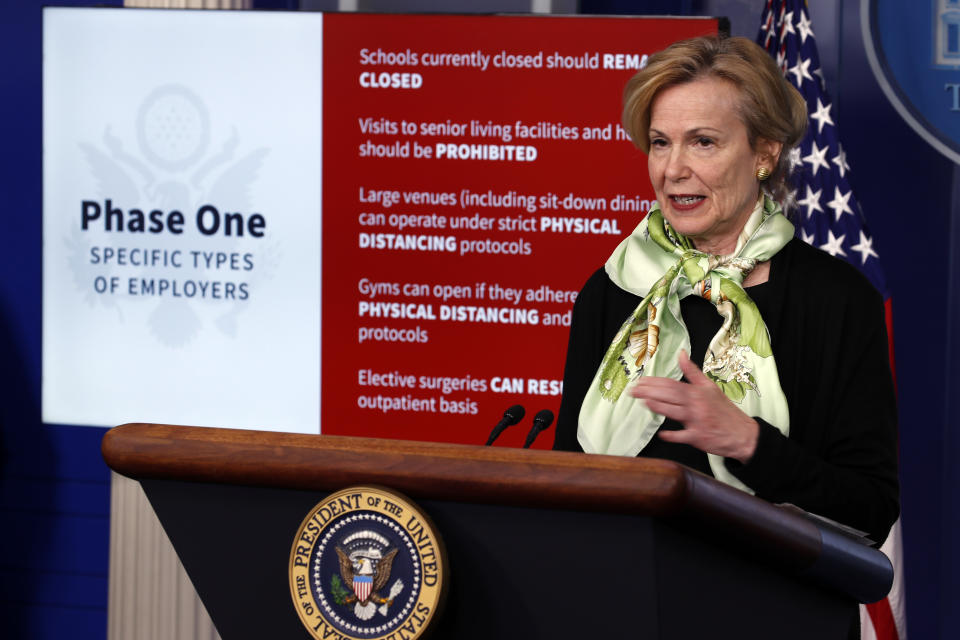 Dr. Deborah Birx, White House coronavirus response coordinator, speaks about the coronavirus at the White House, Thursday, April 16, 2020, in Washington. (AP Photo/Alex Brandon)