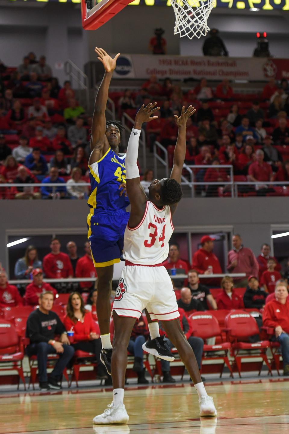 The South Dakota State men's basketball team outscored South Dakota in the paint 24-8 in the first half on Saturday, Jan. 20, 2024 at Sanford Coyote Sports Center in Vermillion.