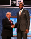 NEWARK, NJ - JUNE 28: Andre Drummond (R) of the Connecticut Huskies greets NBA Commissioner David Stern (L) after he was selected number nine overall by the Detroit Pistons during the first round of the 2012 NBA Draft at Prudential Center on June 28, 2012 in Newark, New Jersey. NOTE TO USER: User expressly acknowledges and agrees that, by downloading and/or using this Photograph, user is consenting to the terms and conditions of the Getty Images License Agreement. (Photo by Elsa/Getty Images)
