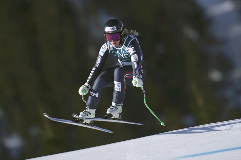 Norway's Kajsa Vickhoff Lie speeds down the course during an alpine ski, World Cup women's downhill race, in Kvitfjell, Norway, Saturday, March 4, 2023. (Stian Lysberg Solum/NTB Scanpix via AP)