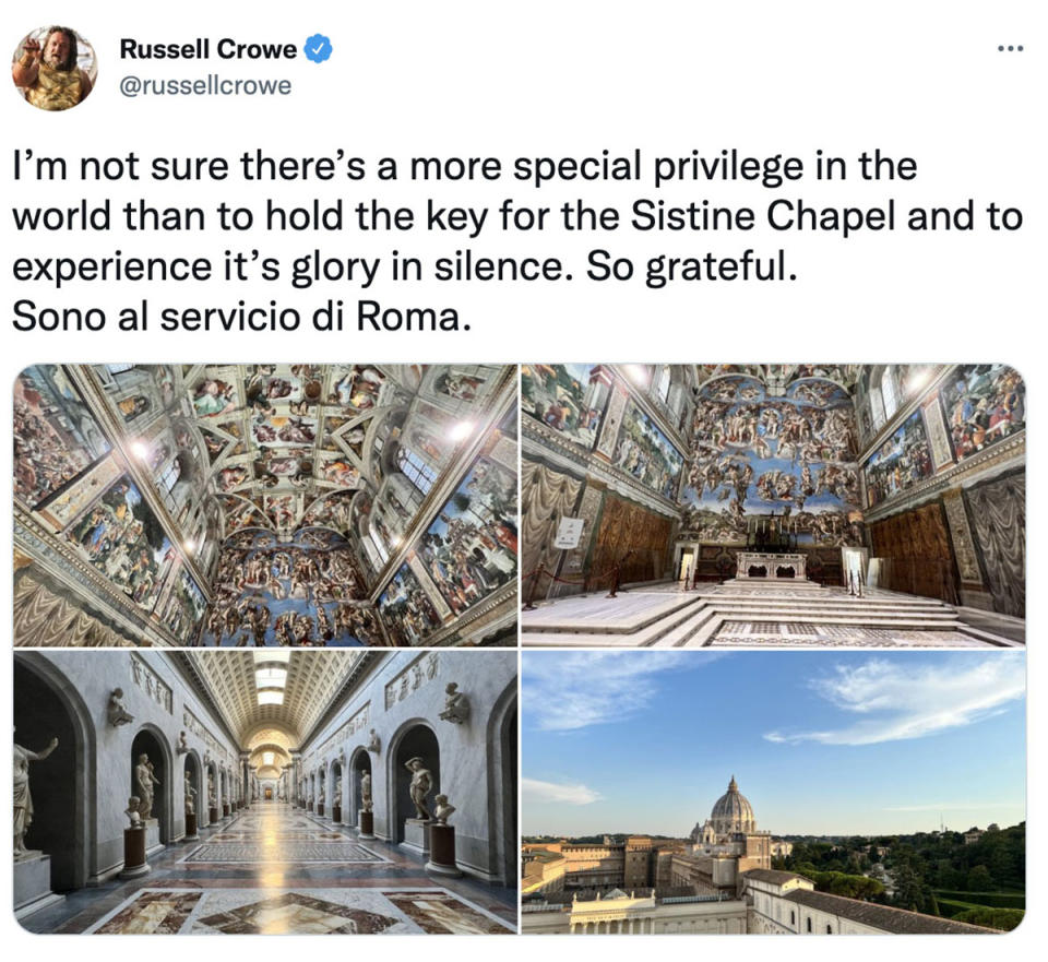 Twitter post that includes Russell Crowe's quote below and four photos of the Sistine Chapel