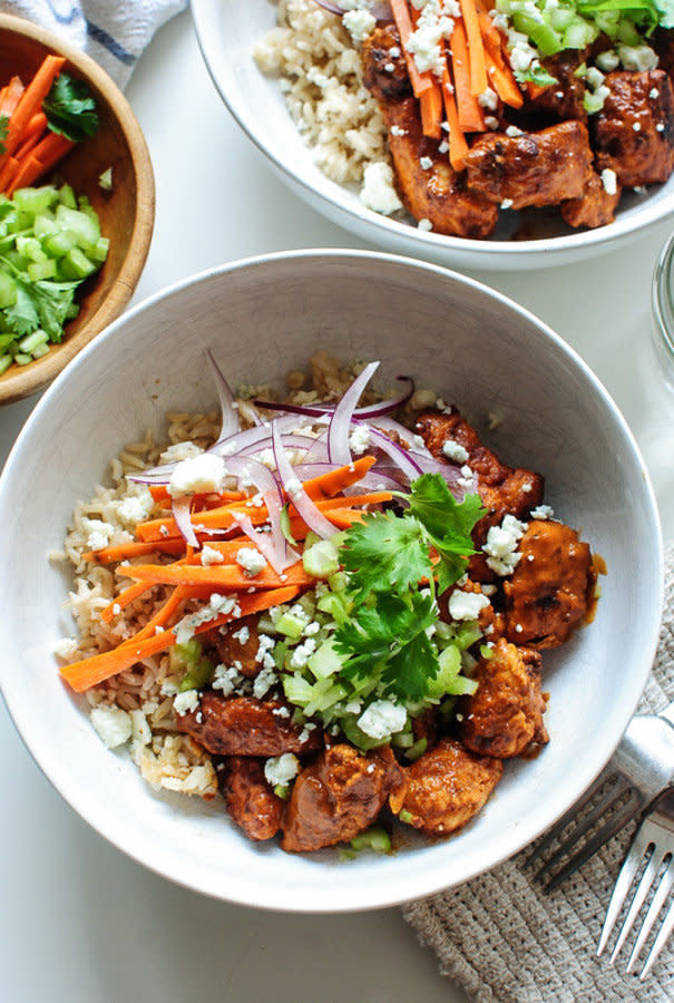 <strong>Get the <a href="http://bevcooks.com/2015/10/buffalo-chicken-bowls/" target="_blank">Buffalo Chicken Bowl recipe</a>&nbsp;from Bev Cooks</strong>