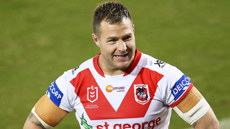 Pictured here, Trent Merrin during an NRL game for the Dragons.