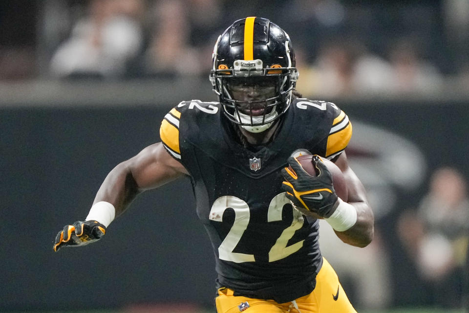 Pittsburgh Steelers running back Najee Harris runs against the Atlanta Falcons during the first half of a preseason NFL football game Thursday, Aug. 24, 2023, in Atlanta. (AP Photo/Gerald Herbert)