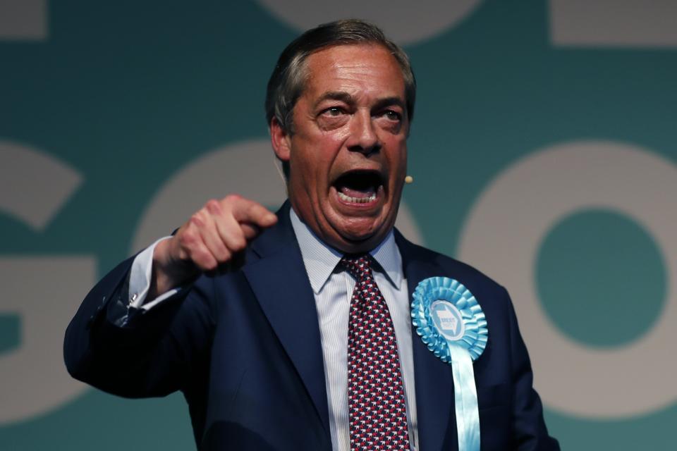 Brexit Party leader Nigel Farage delivers a speech during a Brexit Party rally in London, Tuesday, May 21, 2019. Some 400 million Europeans from 28 countries head to the polls from Thursday to Sunday to choose their representatives at the European Parliament for the next five years. Farage's Brexit Party is leading opinion polls in the contest for 73 U.K. seats in the 751-seat European Parliament. (AP Photo/Frank Augstein)