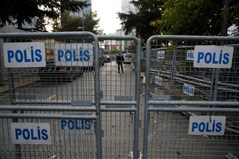 Barriers block the road leading to Saudi Arabia's consulate in Istanbul