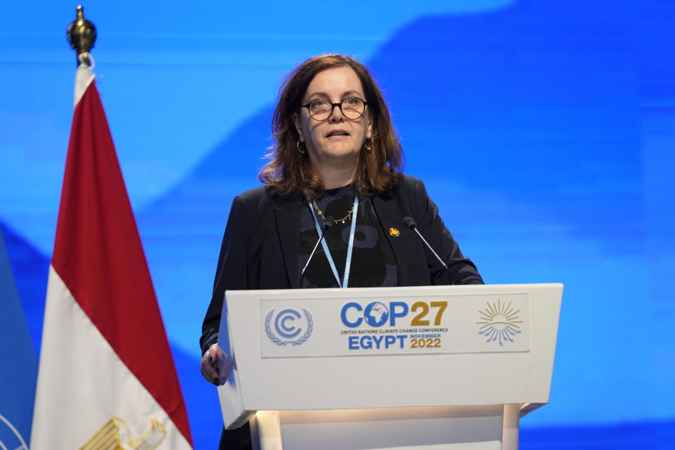 Svandis Svavarsdottir, minister of food, agriculture and fisheries of Iceland, speaks at the COP27 U.N. Climate Summit, Tuesday, Nov. 15, 2022, in Sharm el-Sheikh, Egypt. (AP Photo/Peter Dejong)