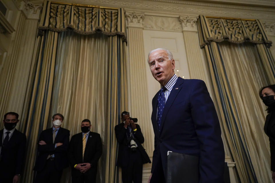 Vice President Kamala Harris, right, and President Joe Biden leave after Biden spoke in the State Dining Room of the White House, Saturday, March 6, 2021, in Washington. The Senate approved a sweeping pandemic relief package over Republican opposition on Saturday, moving Biden closer to a milestone political victory that would provide $1,400 checks for most American and direct billions of dollars to schools, state and local governments, and businesses. (AP Photo/Alex Brandon)