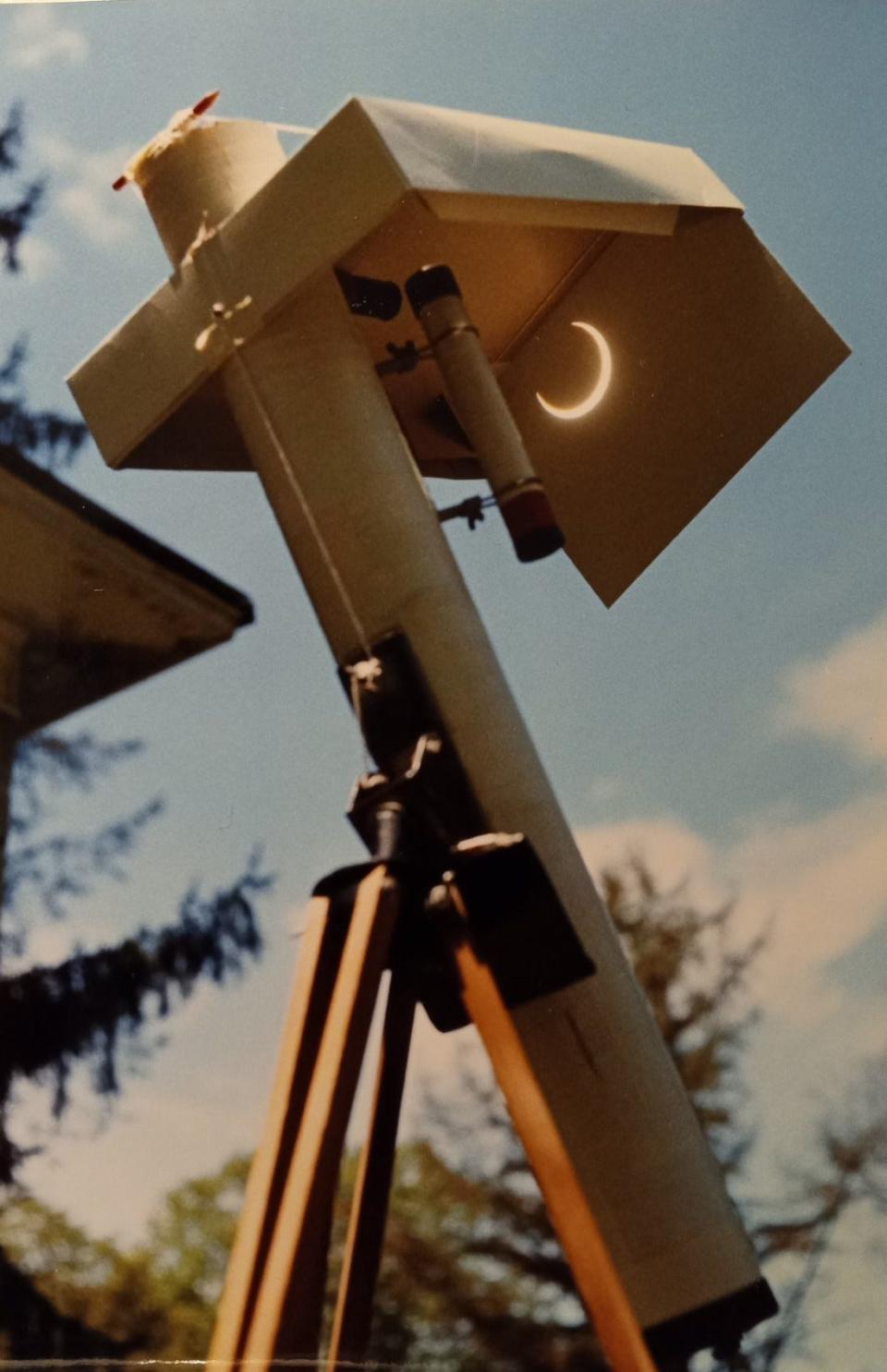 This is one of the completely safe ways to view the partial solar eclipse that will be visible from northeastern Pennsylvania and beyond on April 8, 2024. This is a picture of the very deep partial solar eclipse as seen from Wayne County, Pa., on May 10, 1994. A cardboard screen was assembled and affixed to this 3-inch reflecting telescope to safely cast an image of the thin crescent sun. The eclipse reached 91% as seen from here; from the Poconos this April it will be even deeper, close to 95%.