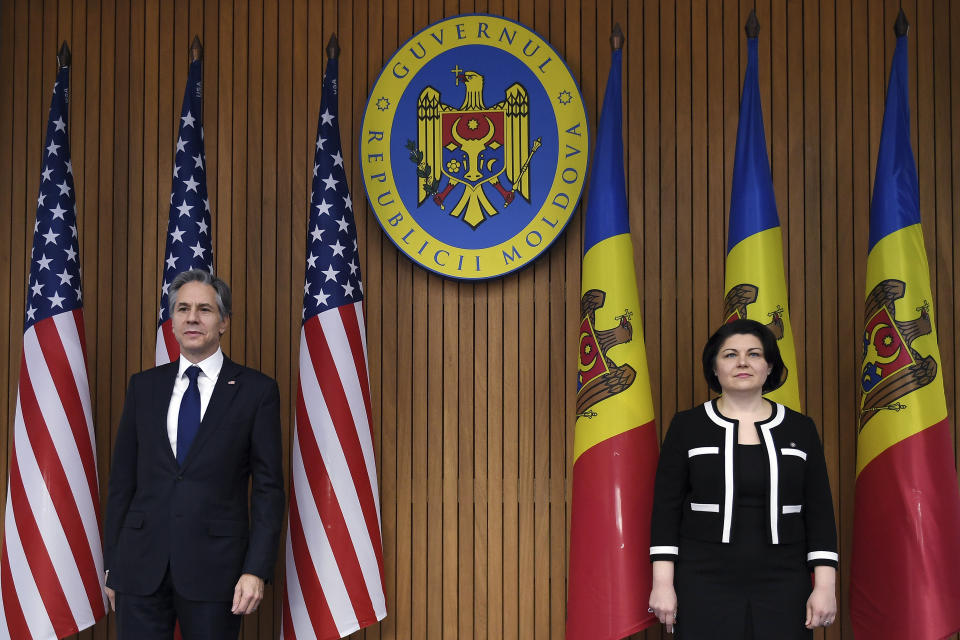 U.S. Secretary of State Antony J. Blinken, left, meets with Moldovan Prime Minister Natalia Gavrilita at the Government House in Chisinau, Moldova, Sunday, March 6, 2022. (Olivier Douliery/Pool Photo via AP)