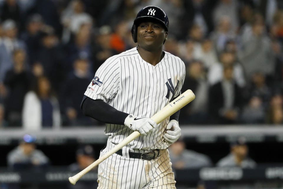 New York Yankees' Didi Gregorius reacts after flying out with two runners on baser to end the fifth inning in Game 3 of baseball's American League Championship Series against the Houston Astros Tuesday, Oct. 15, 2019, in New York. (AP Photo/Matt Slocum)