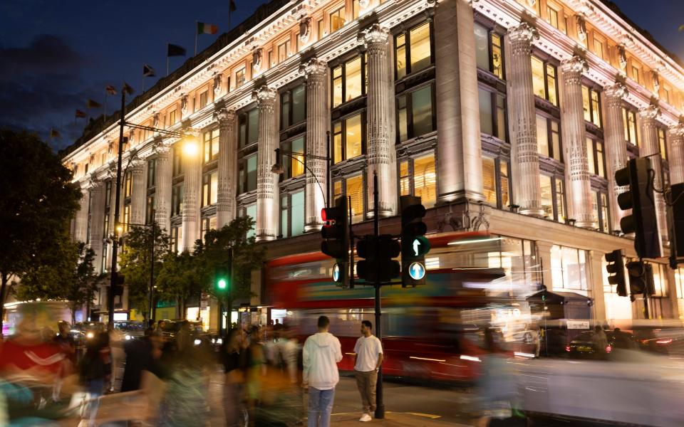 The Selfridges department store on Oxford Street in London, pictured during the evening last August