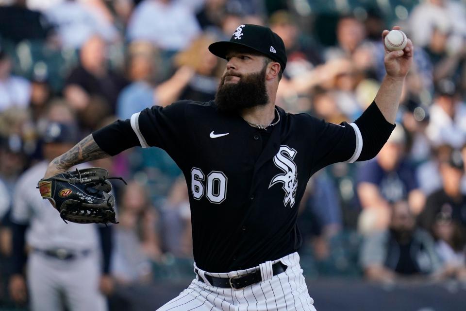 Chicago White Sox starting pitcher Dallas Keuchel, now with the Diamondbacks organization, throws against the New York Yankees during the first inning of a baseball game in Chicago, Saturday, May 14, 2022. (AP Photo/Nam Y. Huh)
