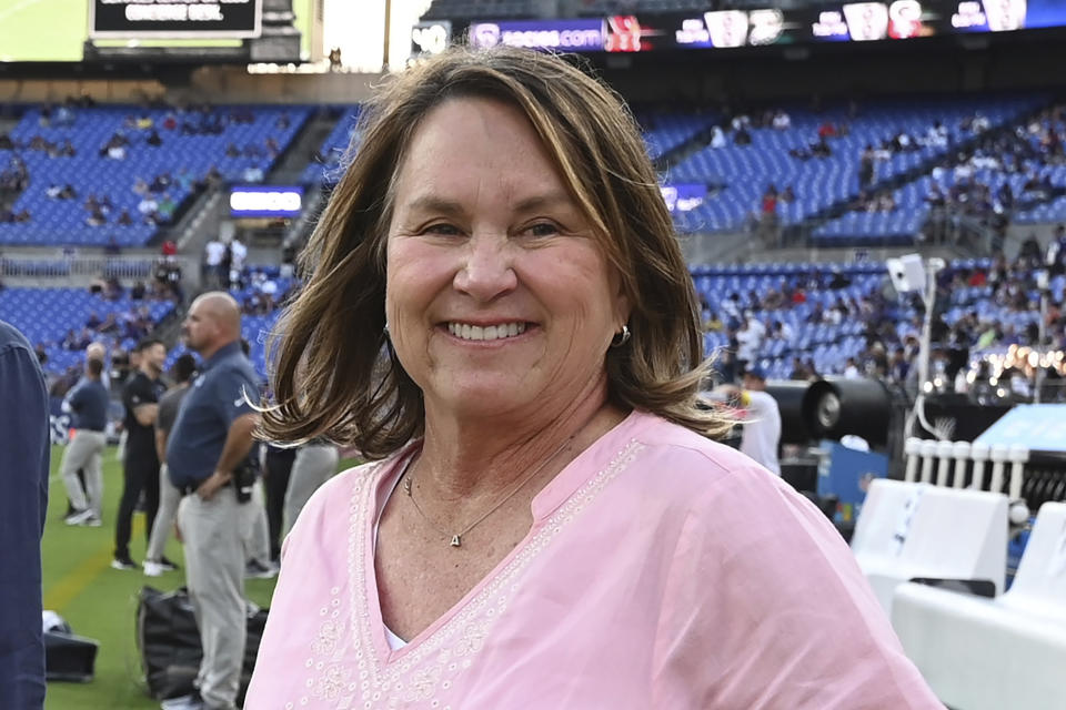 FILE - Tennessee Titans owner Amy Adams Strunk is shown prior to an NFL football game, Thursday, Aug. 11, 2022, in Baltimore. Amy Adams Strunk has very high standards for her Titans. Combined with the millions and millions she's investing, she also isn't afraid of making big moves chasing the Lombardi Trophy that eluded her late father. Strunk fired general manager Jon Robinson on Tuesday, Dec. 6, 2022, in the midst of his seventh season with the Titans off to a 7-5 start. (AP Photo/Gail Burton, File)