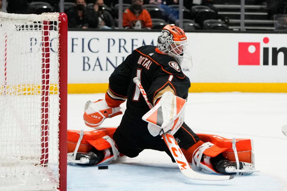 The puck hit by the Blue Jackets' Cole Sillinger enters the net for a goal past Ducks goaltender Lukas Dostal on Friday.