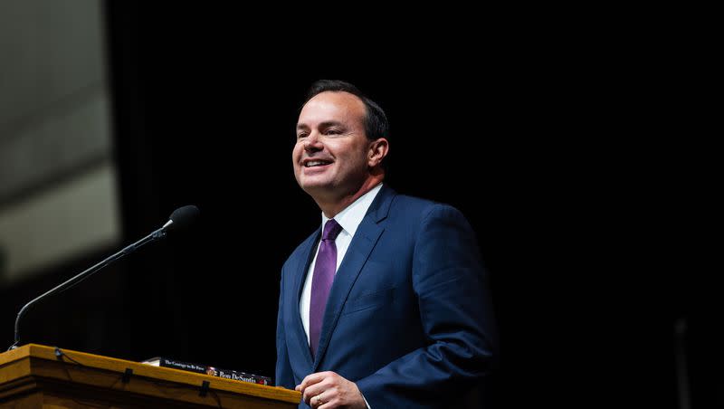 Sen. Mike Lee, R-Utah, speaks during the Utah Republican Party Organizing Convention at Utah Valley University in Orem on Saturday, April 22, 2023.