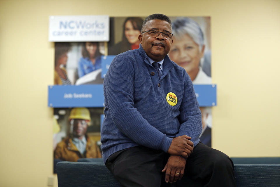 In this photo taken Wednesday, Dec. 18, 2019 Dennis Gaddy, the co-founder of Community Success Initiative is seen in the Raleigh, N.C. office. Gaddy, 62, served time behind bars and said he was unable to vote for seven years after being released from prison because he was on probation. (AP Photo/Gerry Broome)