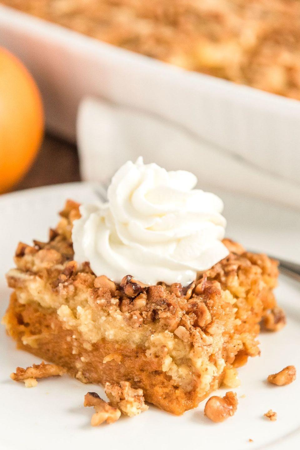 <p>You need to try this easy pumpkin dump cake. It has a pumpkin pie base and a cake topping for the best of both worlds.</p><p><strong>Get the recipe at <a href="https://www.sugarandsoul.co/pumpkin-crumble-cake/" rel="nofollow noopener" target="_blank" data-ylk="slk:Sugar and Soul;elm:context_link;itc:0;sec:content-canvas" class="link ">Sugar and Soul</a>.</strong> </p>