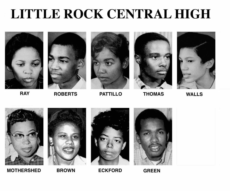 This undated file combination of photos shows Gloria Ray, Terrance Roberts, Melba Pattillo, Jefferson Thomas, Carlotta Walls, Thelma Mothershed, Minnijean Brown, Elizabeth Eckford, and Ernest Green. They are the nine students who entered Little Rock Central High under the protection of federal troops with bayonets in 1957 when Gov. Orval E. Faubus tried to block enforcement of the Supreme Court's 1954 Brown vs. Board of Education decision outlawing school segregation and directed the Arkansas National Guard to keep the students from enrolling at the all-white Central High. President Eisenhower responded by sending in members of the Army's 101st Airborne Division to escort the students into the school on Sept. 25, 1957. Five decades and $1 billion after an infamous racial episode made Little Rock a symbol of school segregation, the legal fight to ensure all of its children receive equal access to education has ended. (AP Photo, File)