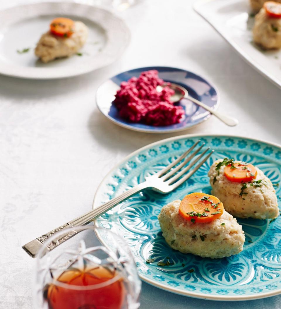 Gefilte fish on a plate.