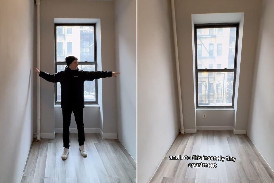 <p>Omer Labock/ Instagram</p> Realtor Omer Labock in the apartment (left) split with the view from the rental (right). 