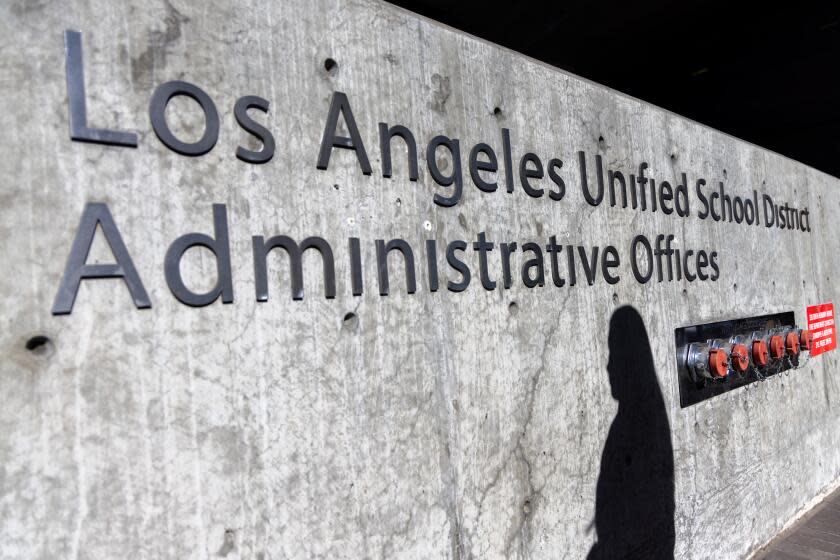 LOS ANGELES, CA - NOVEMBER 02: Jane Doe CA, 18, a victim of North Hollywood teachers' aide Lino Cabrera, speaks at a press conference held to announce the $20 million settlement with the Los Angeles Unified School District. LAUSD headquarters on Thursday, Nov. 2, 2023 in Los Angeles, CA. (Irfan Khan / Los Angeles Times)