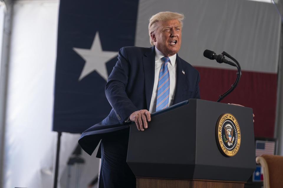 President Donald Trump delivers remarks about American energy production during a visit to the Double Eagle Energy Oil Rig, Wednesday, July 29, 2020, in Midland, Texas. (AP Photo/Evan Vucci)