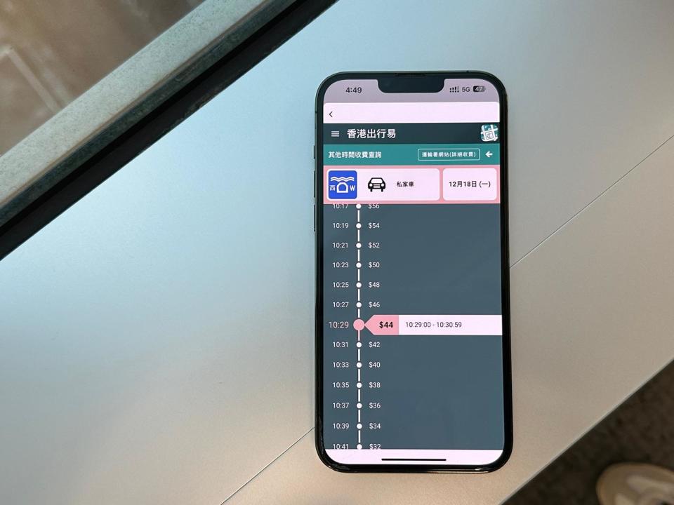 根據《香港出行易》應用程式，趙先生今（18日）過西隧時間（即早上10時29分）的收費應為$44。