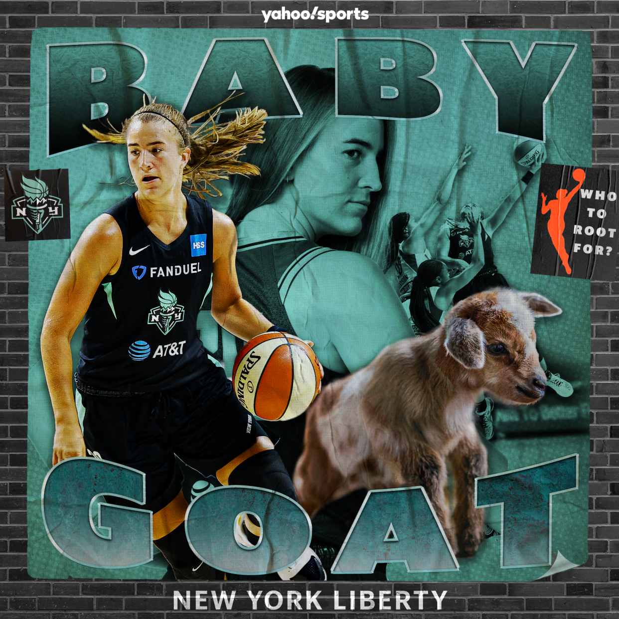 Graphic with Who to root for? The New York Liberty with Sabrina Ionescu and a goat with the words 
